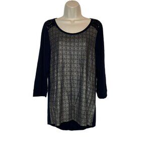 Chicos 3 Womens Size XL Navy Gold metallic Patterned Long Sleeve Top knit